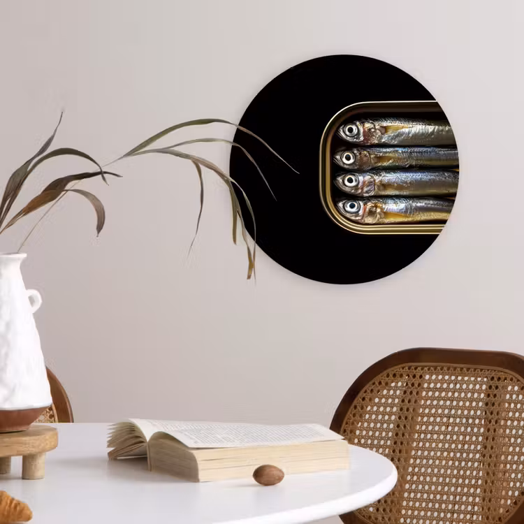 Sardines - Blik - Zwart - Vissen Wandcirkel kunststof plaat 5mm dik klein -sfeer4