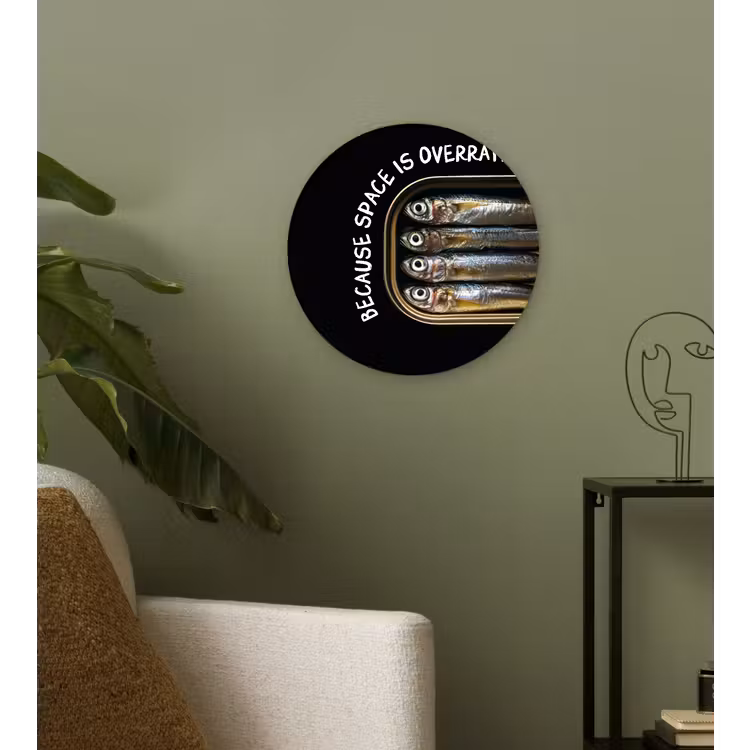 Sardines - Tekst - Vis - Blik Wandcirkel kunststof plaat 5mm dik klein -sfeer3