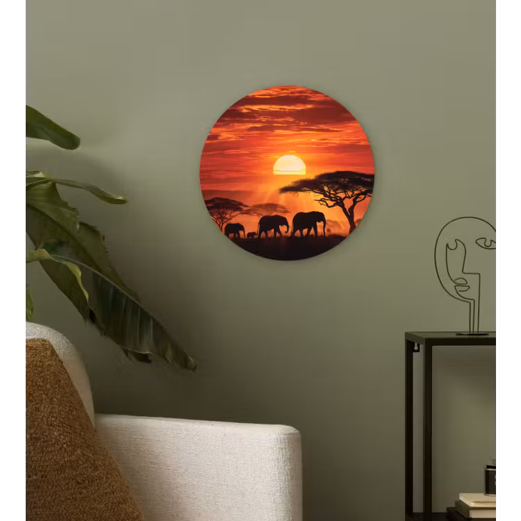 Savanne - Olifanten - Zonsondergang Wandcirkel kunststof plaat 5mm dik klein -sfeer3