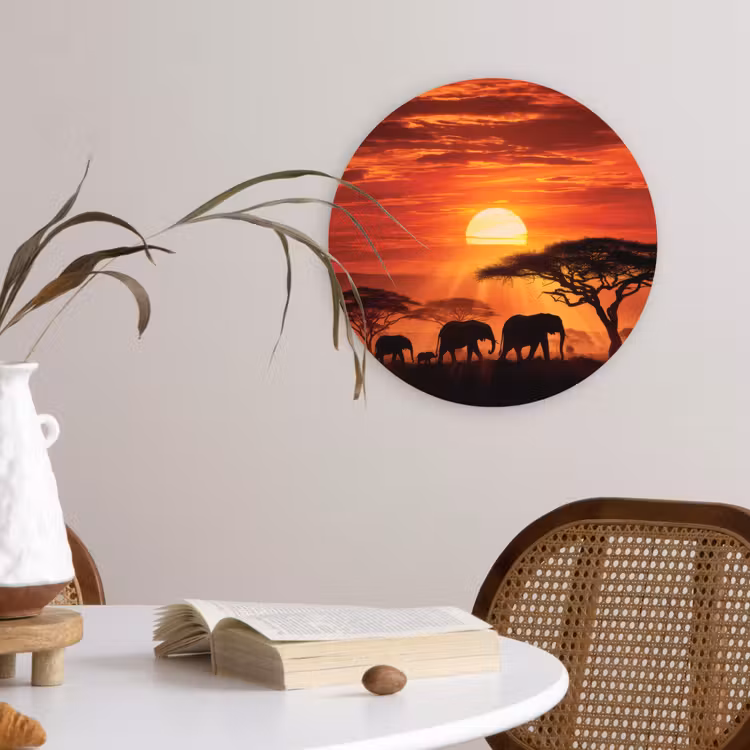 Savanne - Olifanten - Zonsondergang Wandcirkel kunststof plaat 5mm dik klein -sfeer4