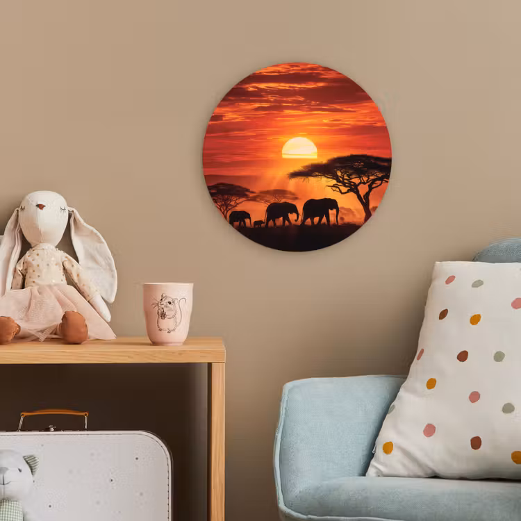 Savanne - Olifanten - Zonsondergang Wandcirkel kunststof plaat 5mm dik klein -tsfeer1_kind