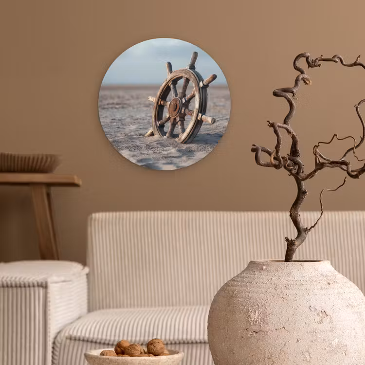 Scheepsstuur - Hout - Bruin - Zand Wandcirkel kunststof plaat 5mm dik klein -sfeer1