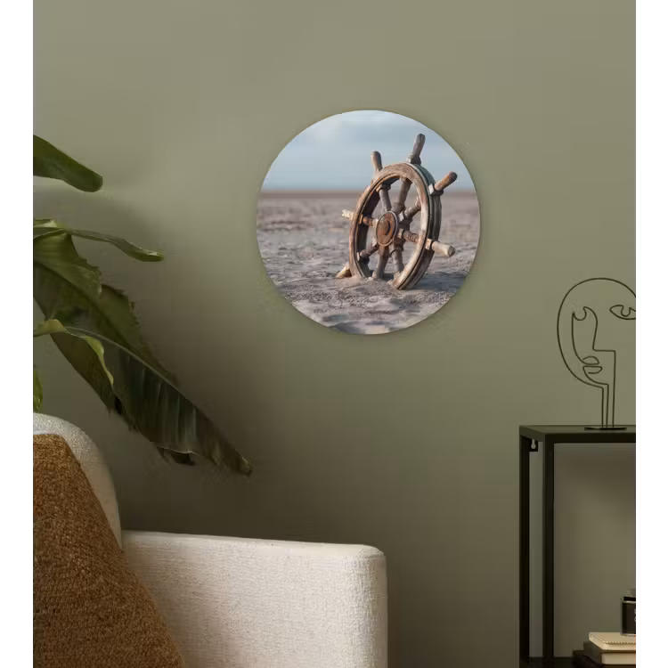 Scheepsstuur - Hout - Bruin - Zand Wandcirkel kunststof plaat 5mm dik klein -sfeer3