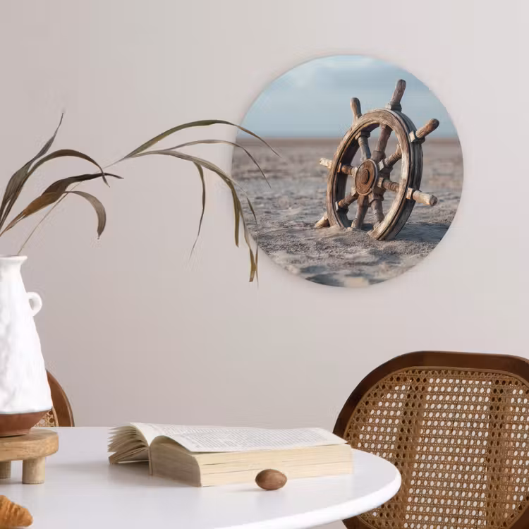 Scheepsstuur - Hout - Bruin - Zand Wandcirkel kunststof plaat 5mm dik klein -sfeer4