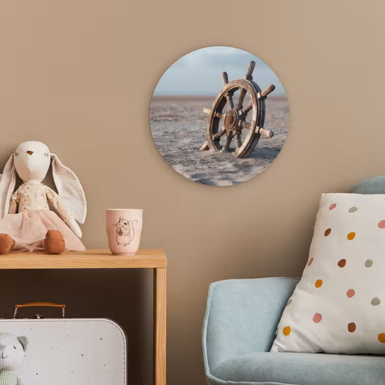Scheepsstuur - Hout - Bruin - Zand Wandcirkel kunststof plaat 5mm dik klein -tsfeer1_kind