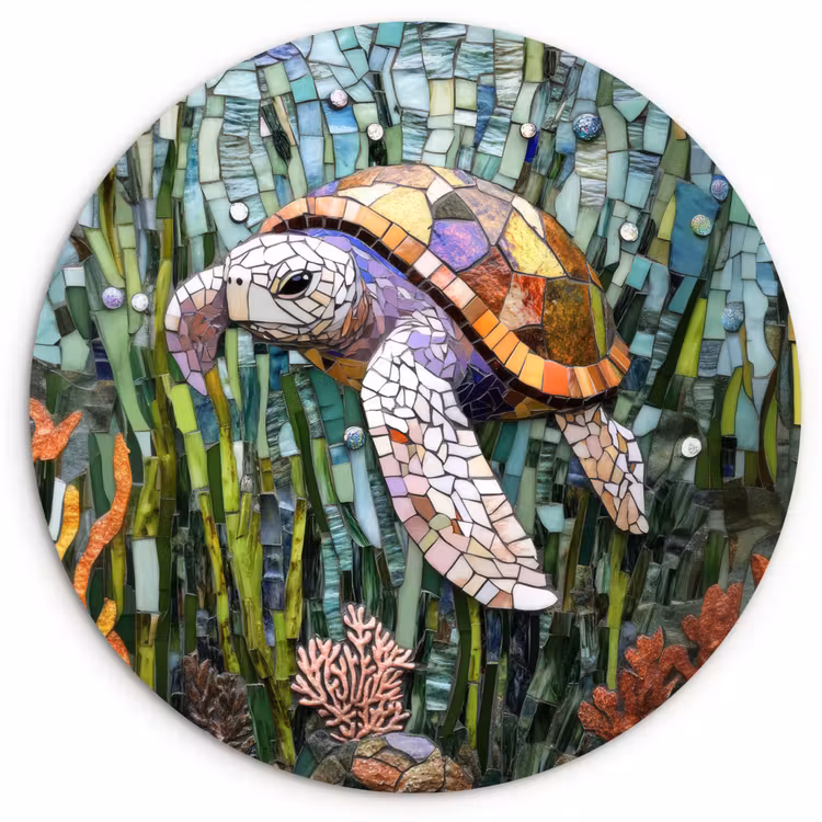 Schildpad - Zeewier - Mozaïek Wandcirkel kunststof plaat 5mm dik klein -3d