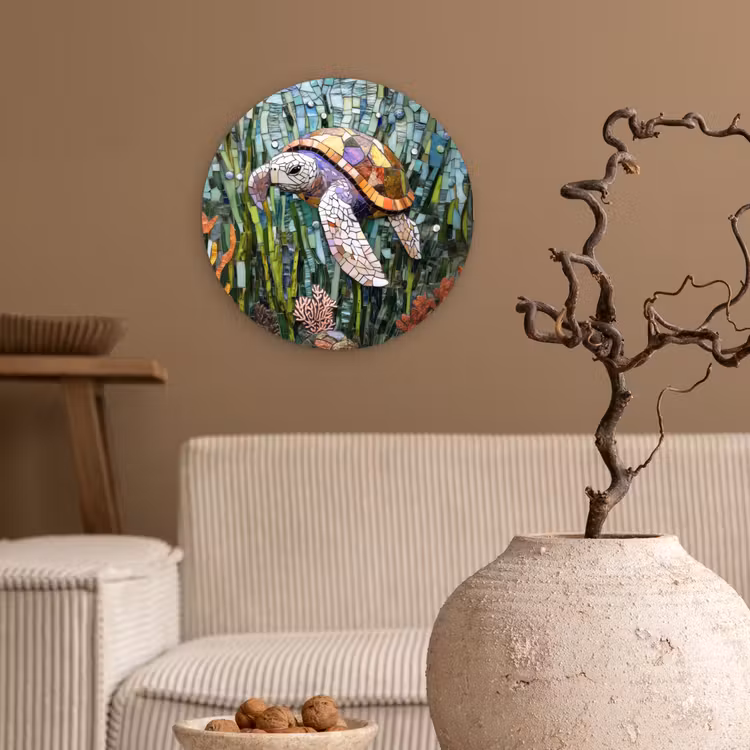 Schildpad - Zeewier - Mozaïek Wandcirkel kunststof plaat 5mm dik klein -sfeer1