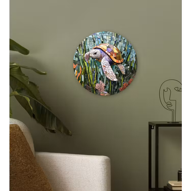 Schildpad - Zeewier - Mozaïek Wandcirkel kunststof plaat 5mm dik klein -sfeer3