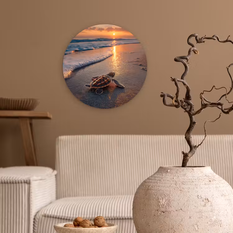 Schildpad - strand - Zonsondergang Wandcirkel kunststof plaat 5mm dik klein -sfeer1