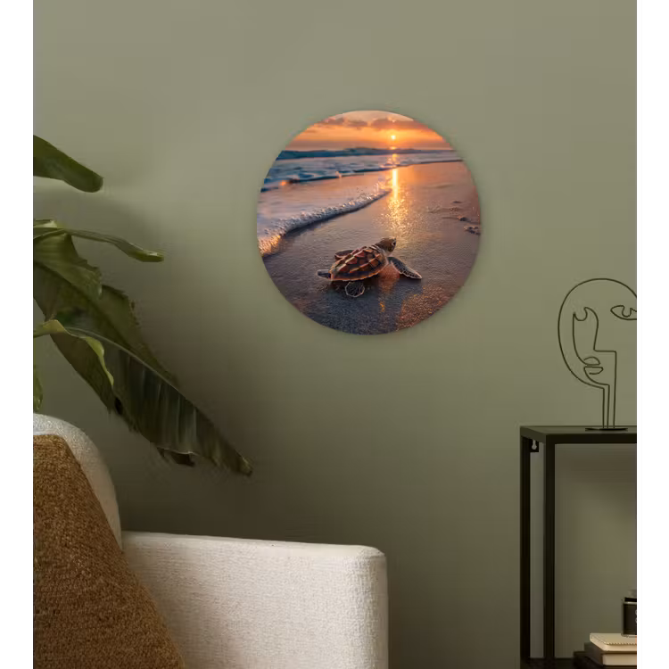 Schildpad - strand - Zonsondergang Wandcirkel kunststof plaat 5mm dik klein -sfeer3