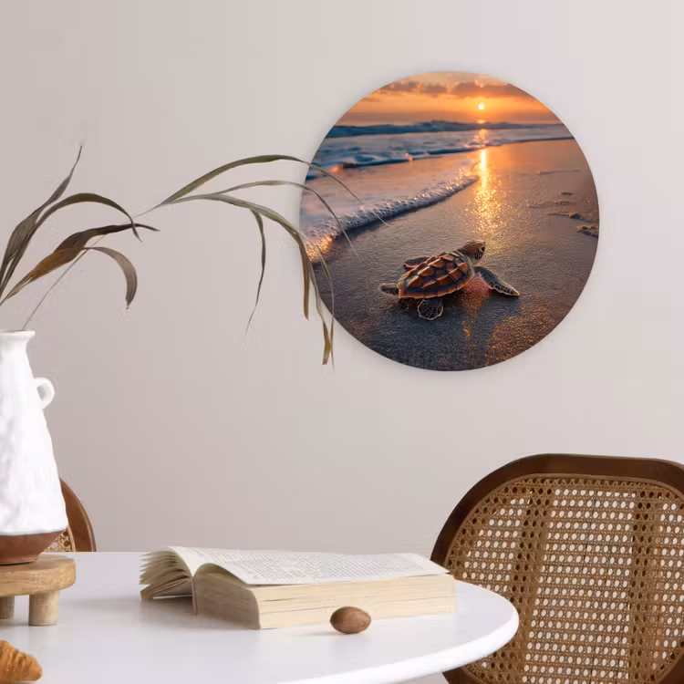 Schildpad - strand - Zonsondergang Wandcirkel kunststof plaat 5mm dik klein -sfeer4