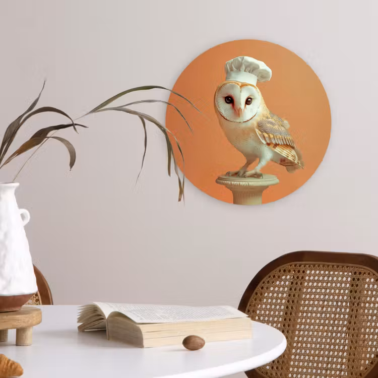 Kerkuil - Koksmuts - Oranje - Vogel Wandcirkel kunststof plaat 5mm dik klein -sfeer4