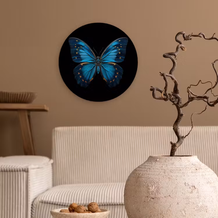Vlinder - Blauw - Contrast Wandcirkel kunststof plaat 5mm dik klein -sfeer1