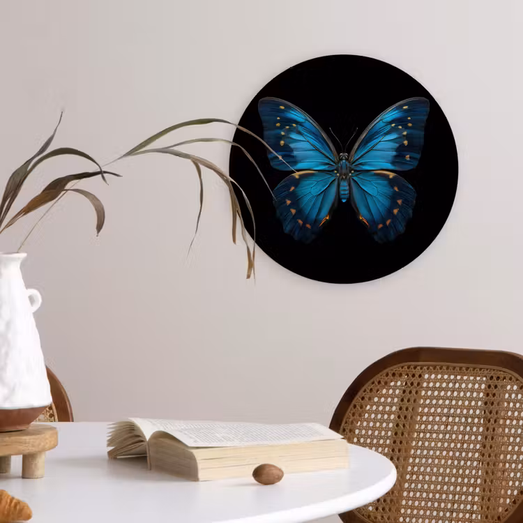 Vlinder - Blauw - Contrast Wandcirkel kunststof plaat 5mm dik klein -sfeer4