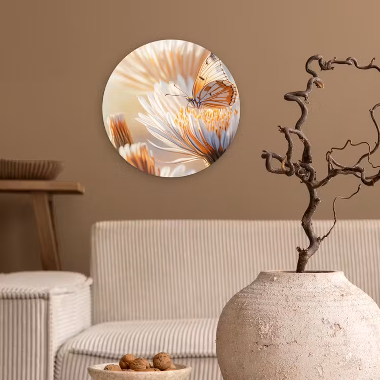 Vlinder - Bloem - Oranje Wandcirkel kunststof plaat 5mm dik klein -sfeer1