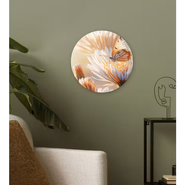 Vlinder - Bloem - Oranje Wandcirkel kunststof plaat 5mm dik klein -sfeer3