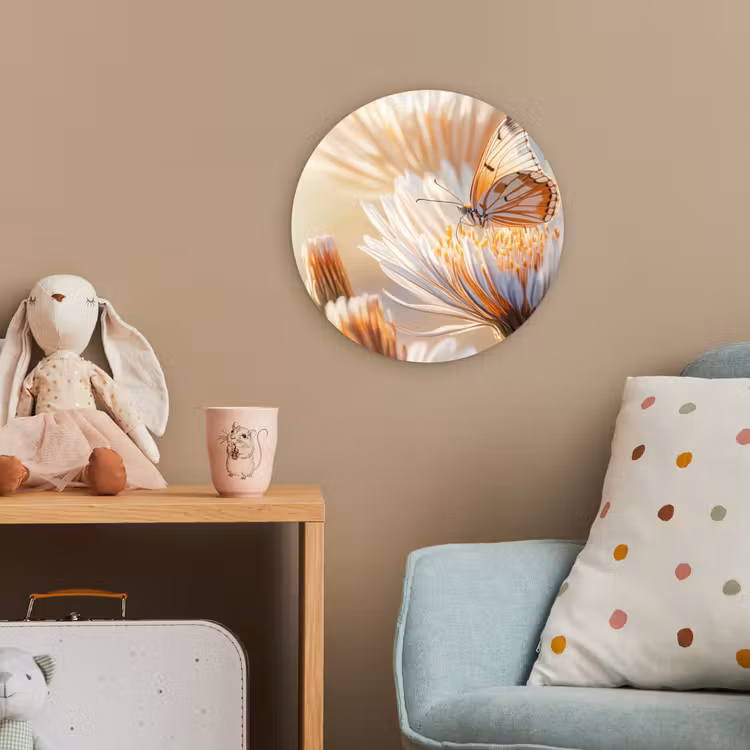 Vlinder - Bloem - Oranje Wandcirkel kunststof plaat 5mm dik klein -tsfeer1_kind