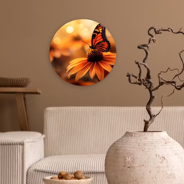 Vlinder - Bloemen - Oranje Wandcirkel kunststof plaat 5mm dik klein -sfeer1