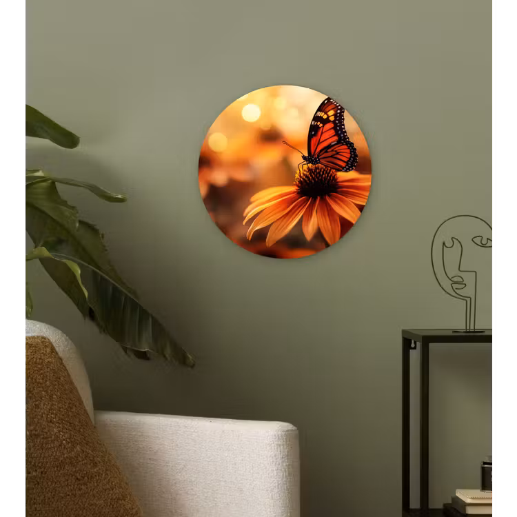 Vlinder - Bloemen - Oranje Wandcirkel kunststof plaat 5mm dik klein -sfeer3