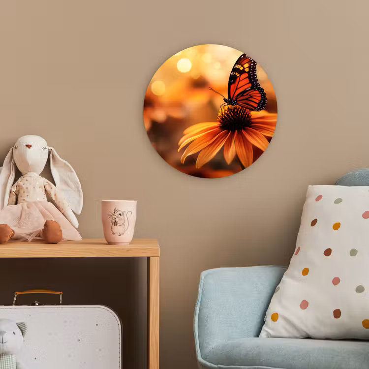 Vlinder - Bloemen - Oranje Wandcirkel kunststof plaat 5mm dik klein -tsfeer1_kind