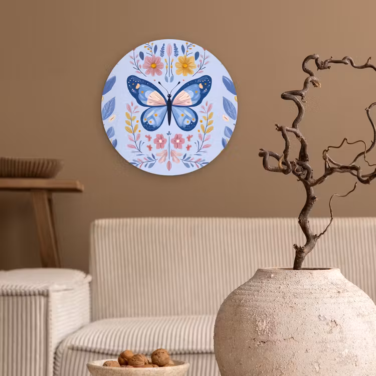 Vlinder - Lichtblauw - Sierlijk - Bloemen Wandcirkel kunststof plaat 5mm dik klein -sfeer1