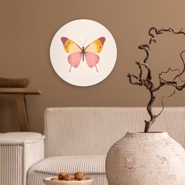 Vlinder - Illustratie - Roze Wandcirkel kunststof plaat 5mm dik klein -sfeer1