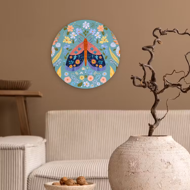 Vlinder - Sierlijk - Bloemen - Bladeren Wandcirkel kunststof plaat 5mm dik klein -sfeer1