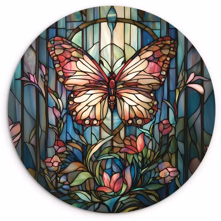 Vlinder - Roze - Bloemen - Bladeren Wandcirkel kunststof plaat 5mm dik klein -3d