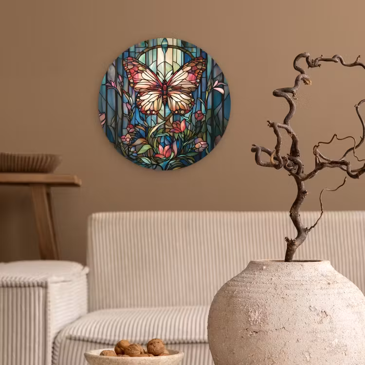 Vlinder - Roze - Bloemen - Bladeren Wandcirkel kunststof plaat 5mm dik klein -sfeer1