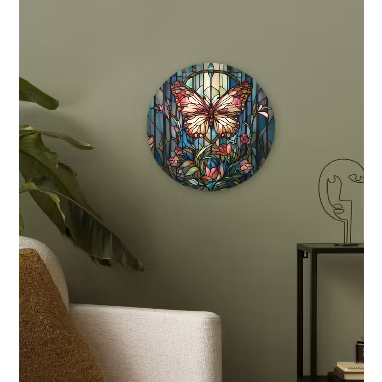 Vlinder - Roze - Bloemen - Bladeren Wandcirkel kunststof plaat 5mm dik klein -sfeer3