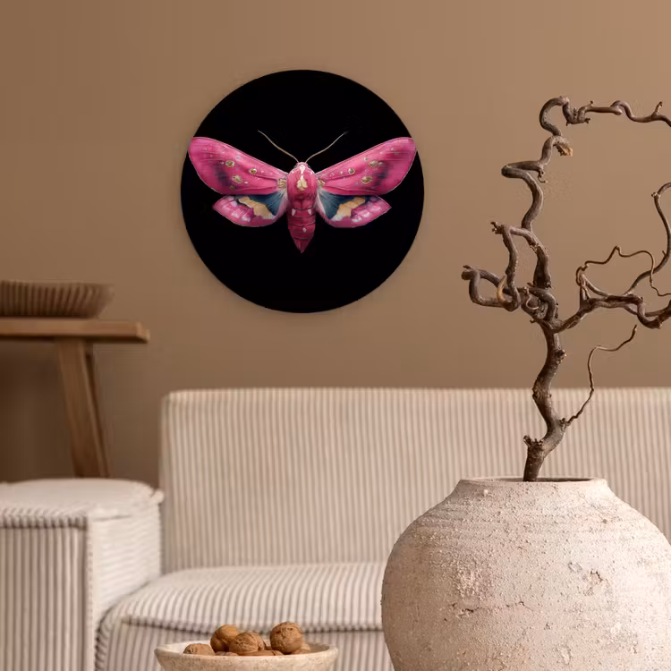 Vlinder - Roze - Nachtvlinder Wandcirkel kunststof plaat 5mm dik klein -sfeer1