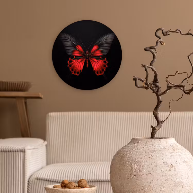 Vlinder - Rood - Contrast Wandcirkel kunststof plaat 5mm dik klein -sfeer1