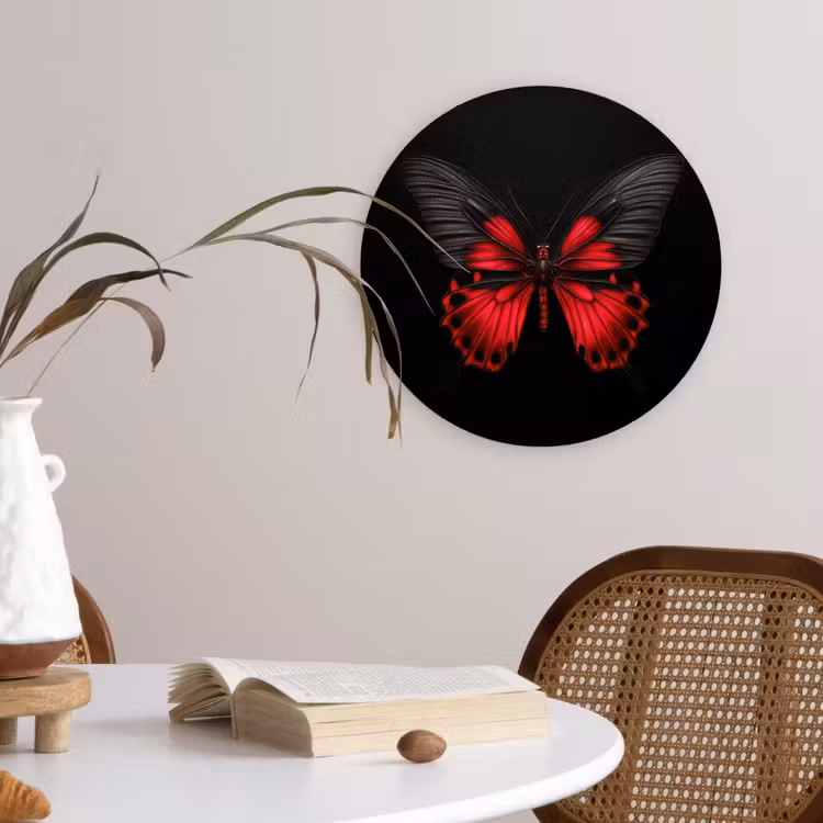 Vlinder - Rood - Contrast Wandcirkel kunststof plaat 5mm dik klein -sfeer4