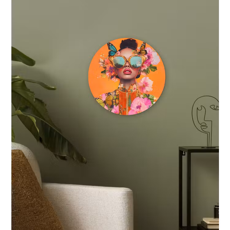 Vlinders - Vrouw - Zonnebril - Kleurrijk Wandcirkel kunststof plaat 5mm dik klein -sfeer3