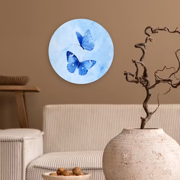 Vlinders - Sierlijk - Blauw Wandcirkel kunststof plaat 5mm dik klein -sfeer1