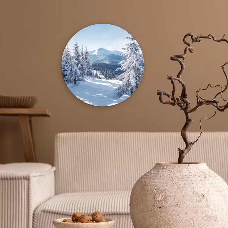 Sneeuw - Winter - Landschap - Bergen Wandcirkel kunststof plaat 5mm dik klein -sfeer1