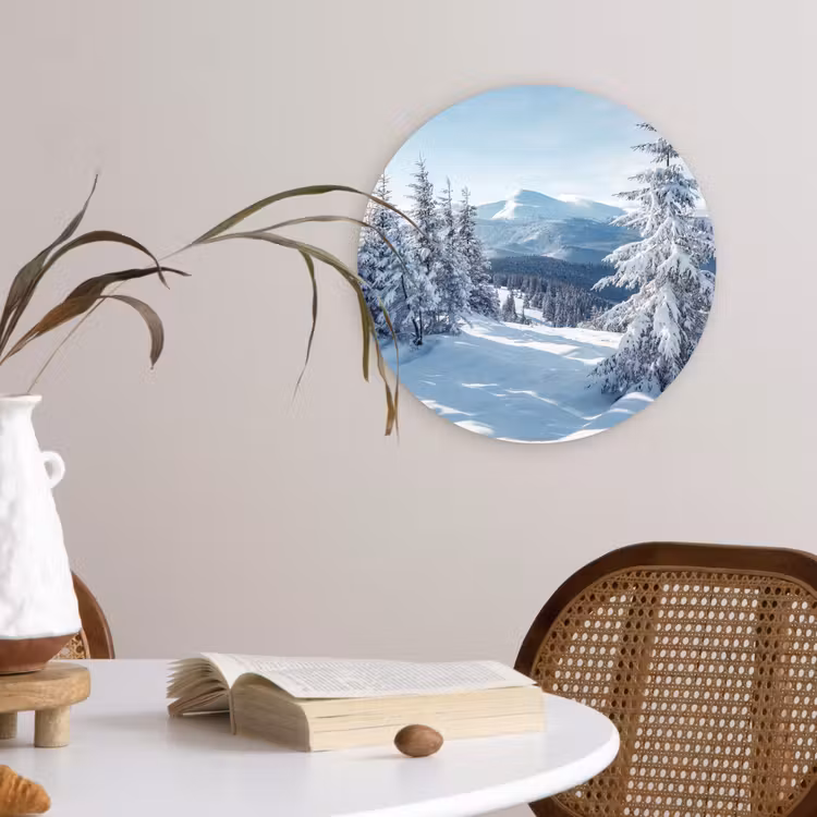 Sneeuw - Winter - Landschap - Bergen Wandcirkel kunststof plaat 5mm dik klein -sfeer4