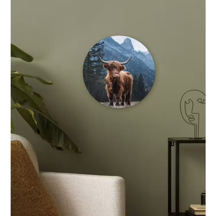 Schotse hooglander - Berg - Landschap - Bomen - Koe - Natuur Wandcirkel kunststof plaat 5mm dik klein -sfeer3