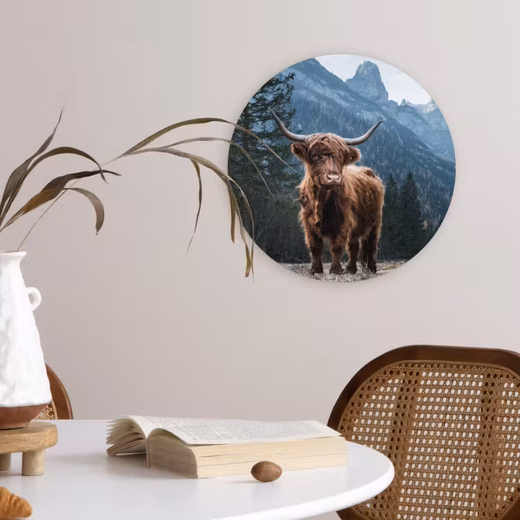 Schotse hooglander - Berg - Landschap - Bomen - Koe - Natuur Wandcirkel kunststof plaat 5mm dik klein -sfeer4