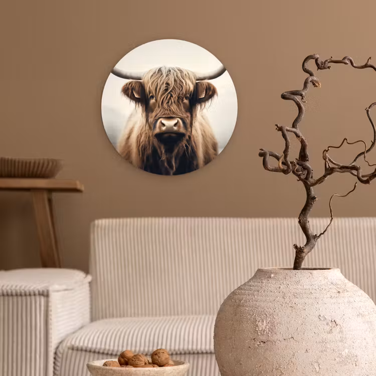 Schotse hooglander - Hoorns - Landschap Wandcirkel kunststof plaat 5mm dik klein -sfeer1