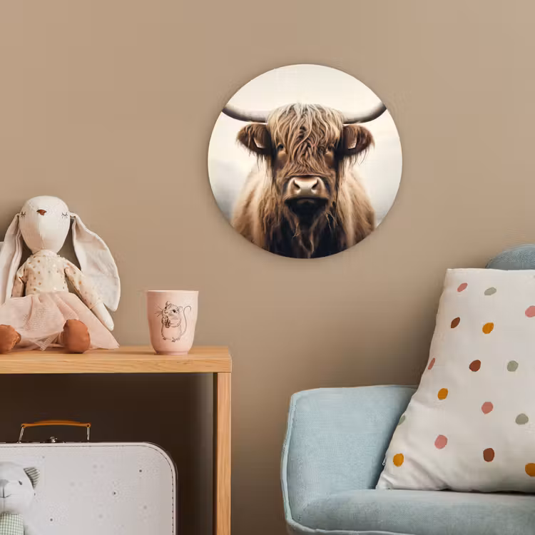 Schotse hooglander - Hoorns - Landschap Wandcirkel kunststof plaat 5mm dik klein -tsfeer1_kind