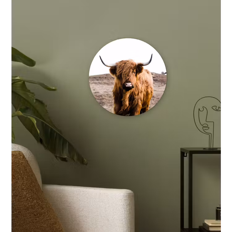 Schotse hooglander - Landschap - Koe - Bruin - Dieren - Natuur Wandcirkel kunststof plaat 5mm dik klein -sfeer3