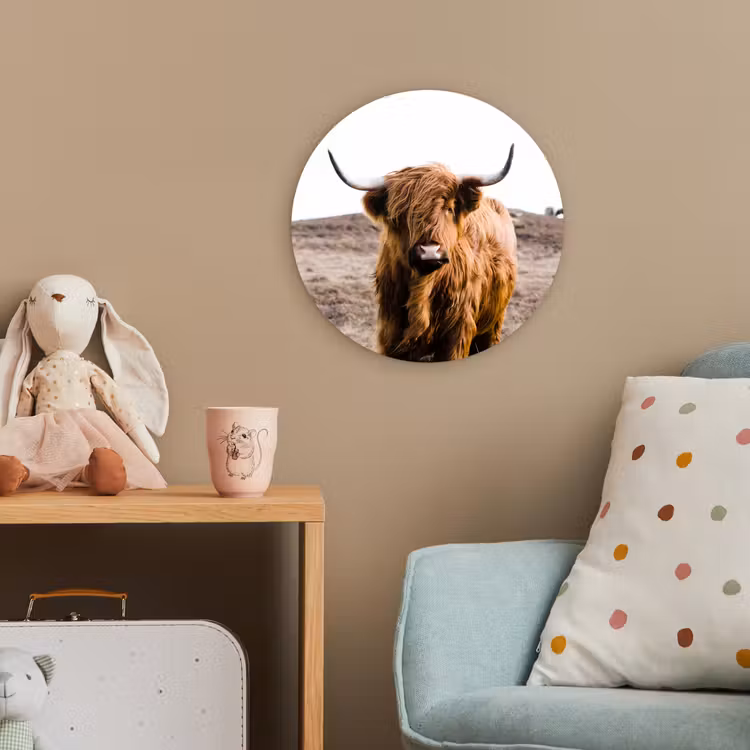Schotse hooglander - Landschap - Koe - Bruin - Dieren - Natuur Wandcirkel kunststof plaat 5mm dik klein -tsfeer1_kind