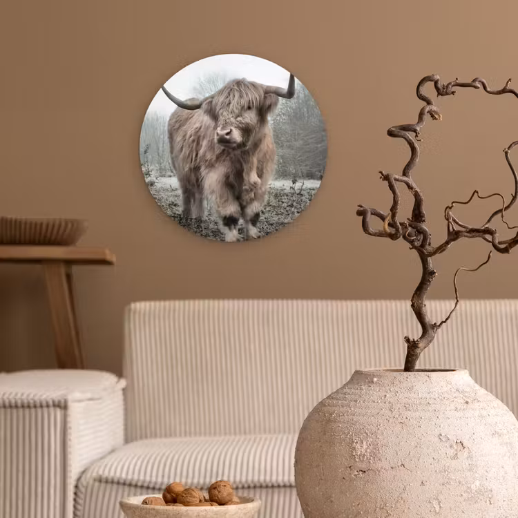 Schotse hooglander - Natuur - Herfst - Dieren - Wild - Bos Wandcirkel kunststof plaat 5mm dik klein -sfeer1
