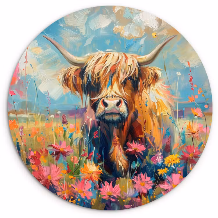 Schotse hooglander - Natuur - Kleurrijk - Bloemen Wandcirkel kunststof plaat 5mm dik klein -3d