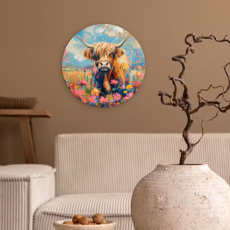 Schotse hooglander - Natuur - Kleurrijk - Bloemen Wandcirkel kunststof plaat 5mm dik klein -sfeer1
