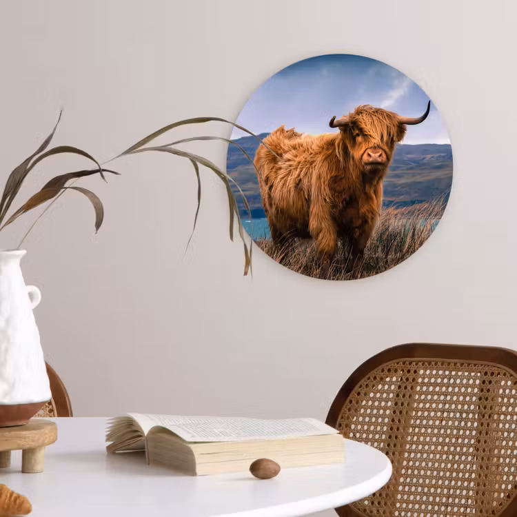 Schotse Hooglander - Berg - Water - Natuur - Koe Wandcirkel kunststof plaat 5mm dik klein -sfeer4