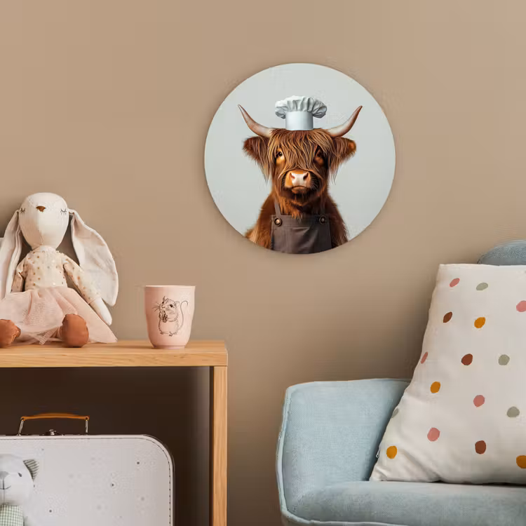 Schotse Hooglander - Bruin - Hoorns - Kokskleding Wandcirkel kunststof plaat 5mm dik klein -tsfeer1_kind