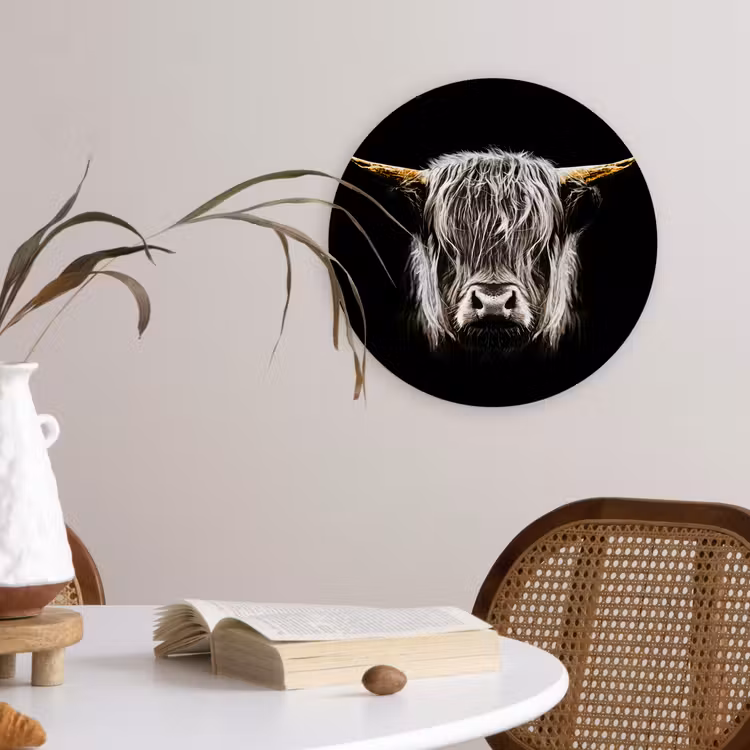 Schotse hooglander - Goud - Hoorns - Zwart wit - Koe - Dieren Wandcirkel kunststof plaat 5mm dik klein -sfeer4
