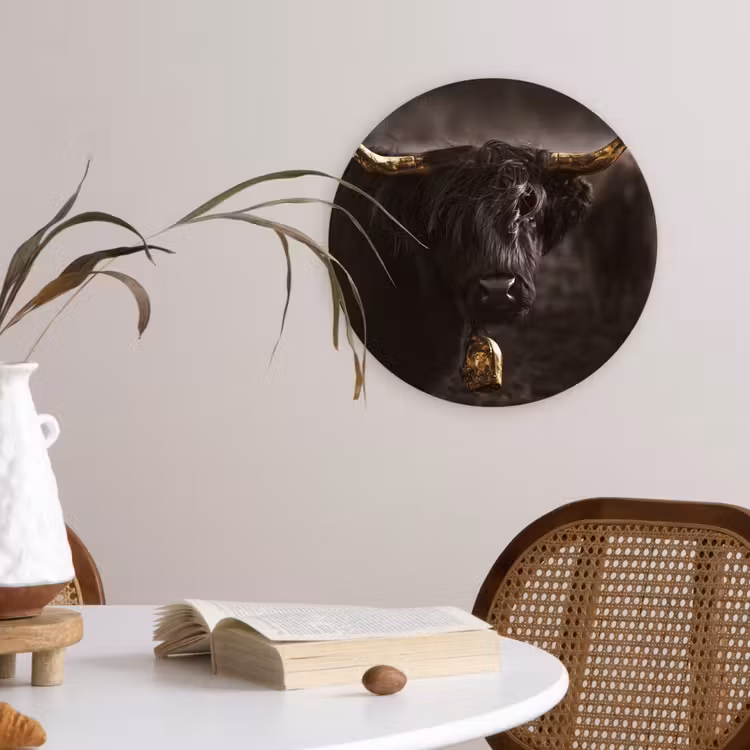 Schotse hooglander - Goud - Koebel - Hoorns - Dieren Wandcirkel kunststof plaat 5mm dik klein -sfeer4